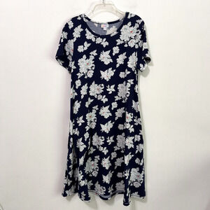 LuLaRoe Stretch Knit Dress M Floral Navy Short Sleeve Pockets Travel Comfy Work
